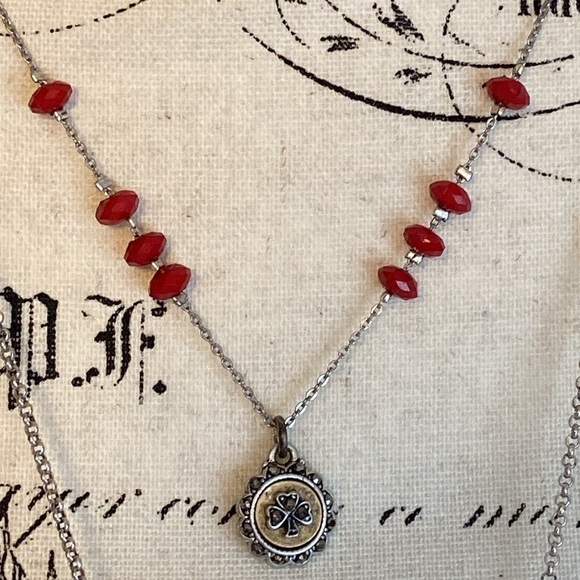 Lucky Brand Faux Turquoise Pendant Necklace Double Strand Silver Tone - Picture 2 of 5